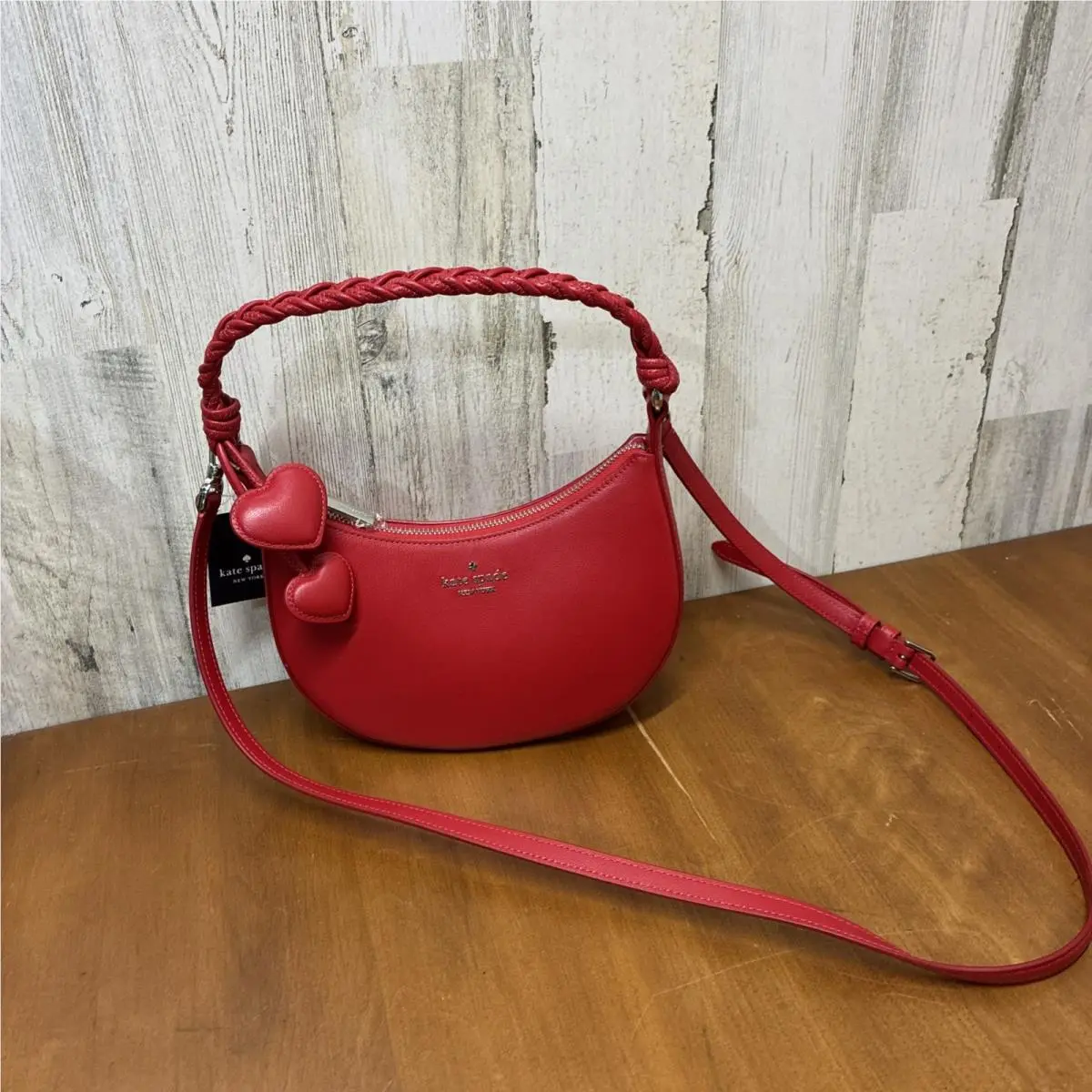 Kate Spade Nova Braided Strap Red Shoulder Leather Bag Valentine`s Heart Purse
