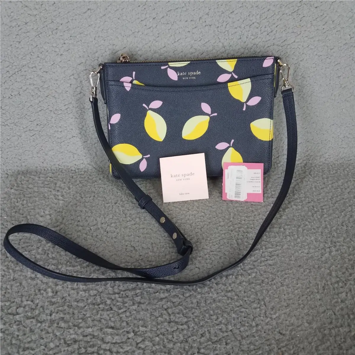 New Kate Spade Margaux Lemons Crossbody Medium Convertible Leather Navy Blue
