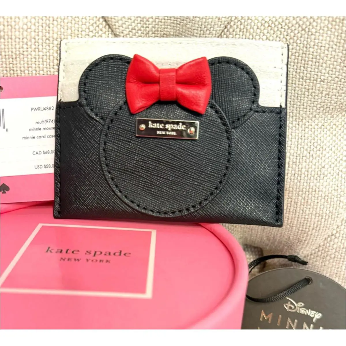 New Kate Spade x Disney Minnie Mouse Slim Credit Card Holder Case Black White