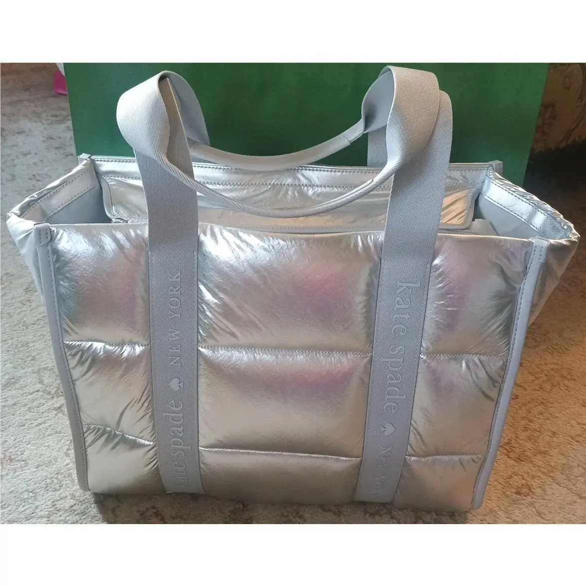 Kate Spade Quilted Puffy Fabric Large Tote Bag Kip Metallic Silver