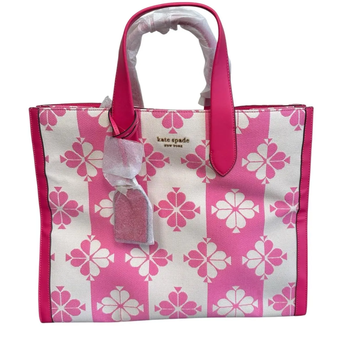 Kate Spade Pom Pom Pink Jacquard Flower Manhattan Large Tote Shoulder Strap