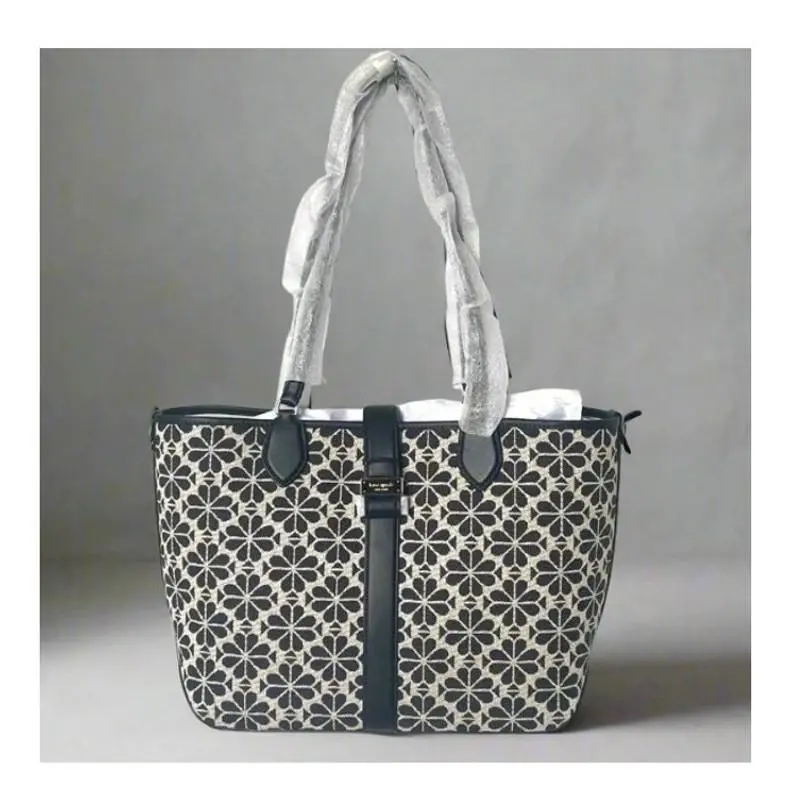 Kate Spade Black Flower Jacquard Tote Medium Leather Trim Snap Closure