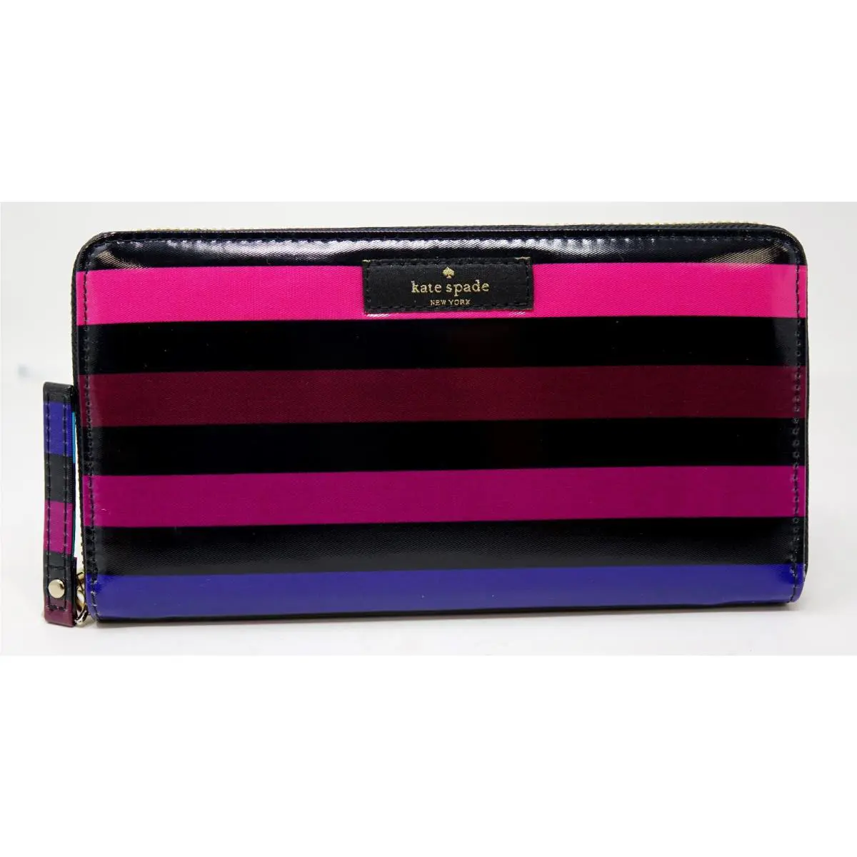 New Kate Spade Women`s Black Red Pink Multicolor Striped Large Zip Around Wallet