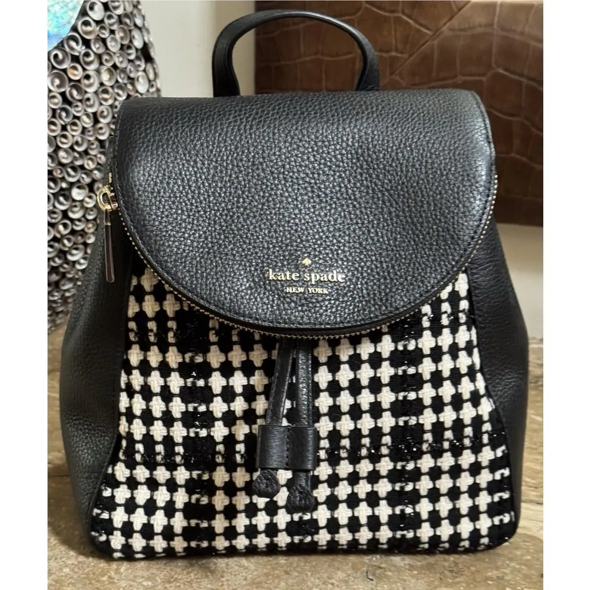 Kate Spade New York Flap Black Tweeted Leather with Fabric Woman’s Backpack