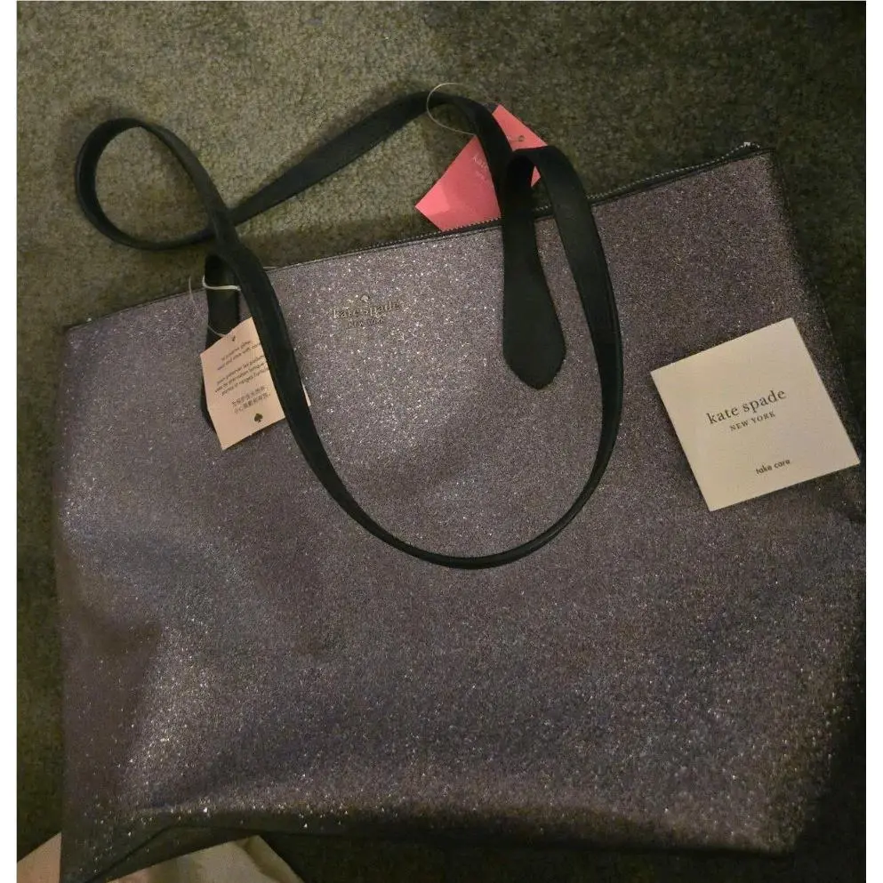 Kate Spade Joeley Tote Bag Glitter Blue Silver Large 12 x17 x6 Metallic Silver