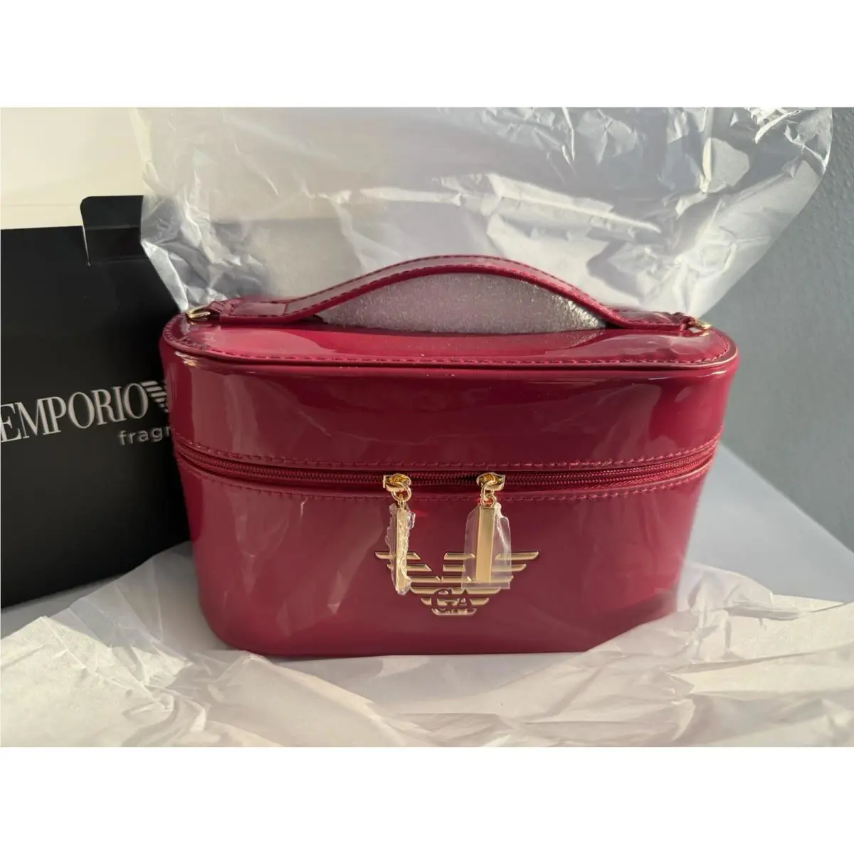 Emporio Armani Red Mini Vanity Bag Purse Oval Shaped Zipper Closure