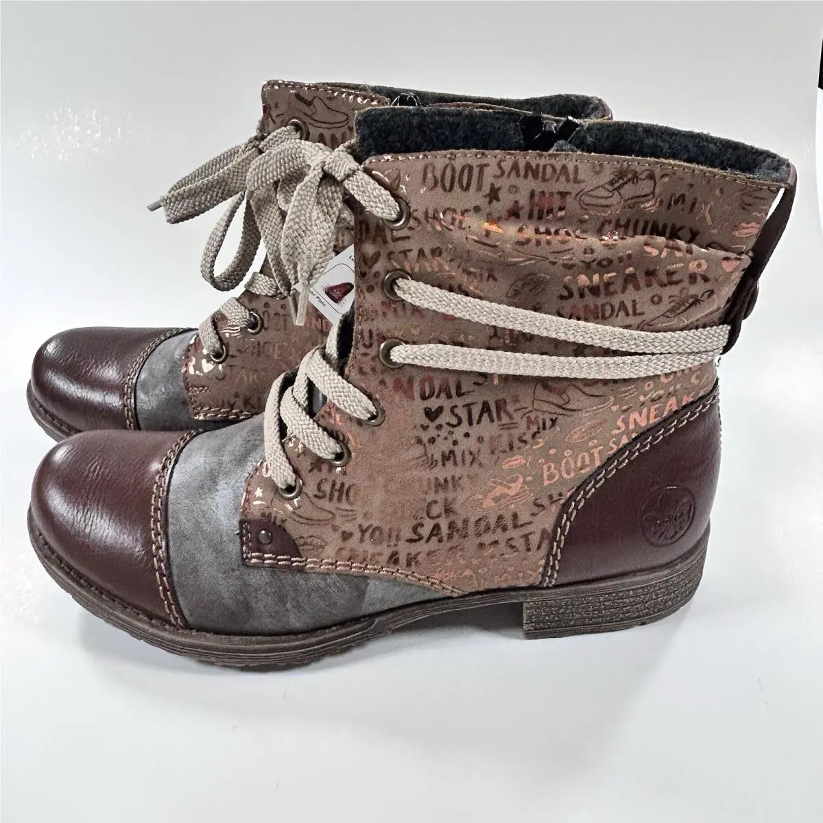 Rieker Payton Leather Combat Boots Womens US 8 EU 39 Brown Bronze Print Rare