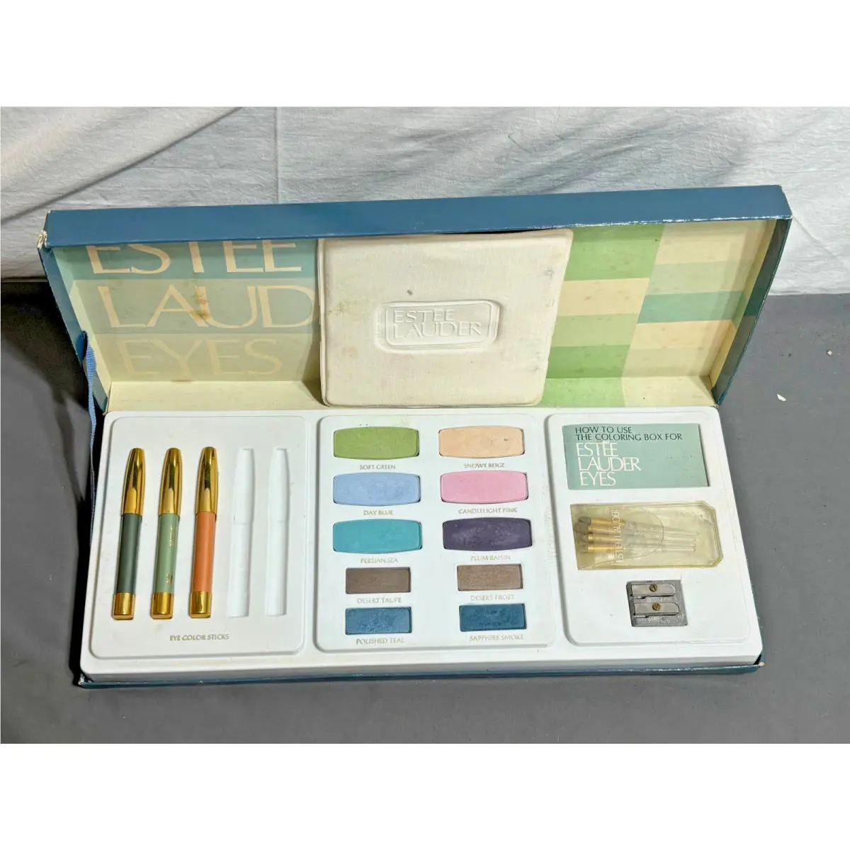 Nos Vintage 1960s 70s Estee Lauder Makeup Set Eye Shadow Color Sticks Sharpener