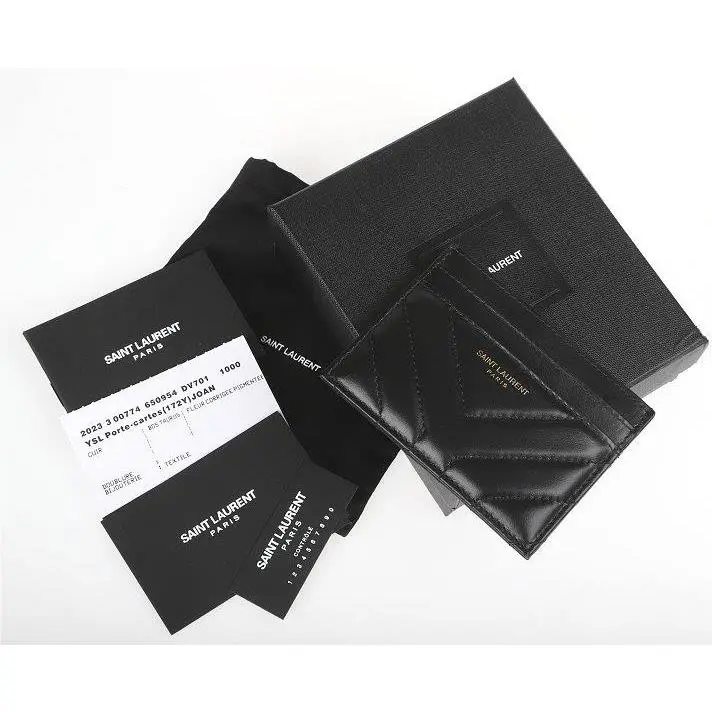 Ysl Saint Laurent Paris Black Matelasse Leather Logo Card Case Wallet W/box