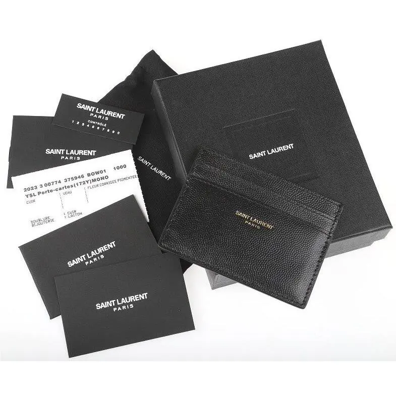 Ysl Saint Laurent Black Grain DE Poudre Leather Credit Card Case Wallet