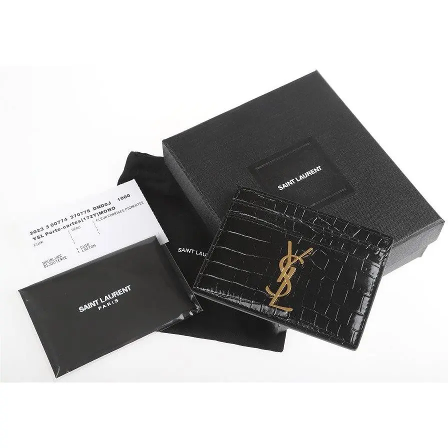 Ysl Saint Laurent Crocodile Embossed Shiny Leather Casandre Credit Card Case