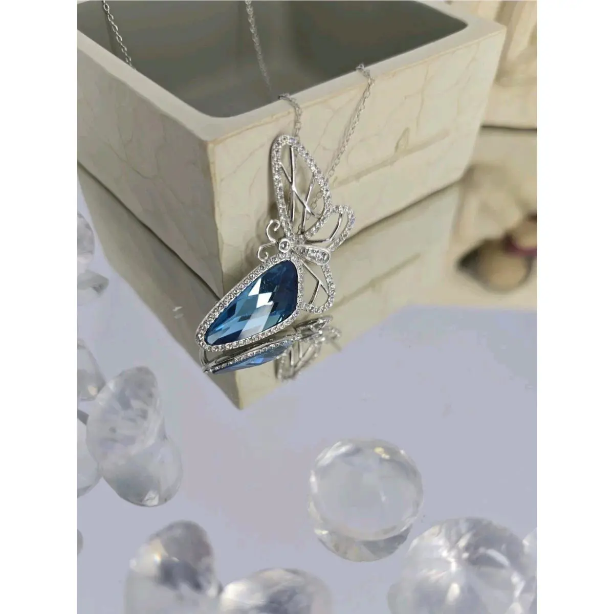 Ornate Sterling Silver Blue Butterfly Pendant W/swarovski Crystal Necklace JN