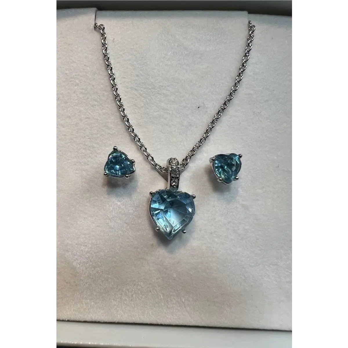 Swarovski Vintage March Aqua Blue Crystal Heart Necklace Earrings Set w/ Box