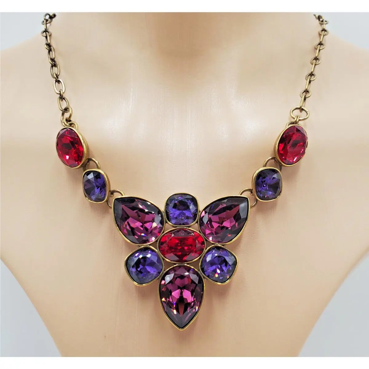 Swarovski Crystal Necklace 18in Brass Tone Red Blue Purple Crystallized TC