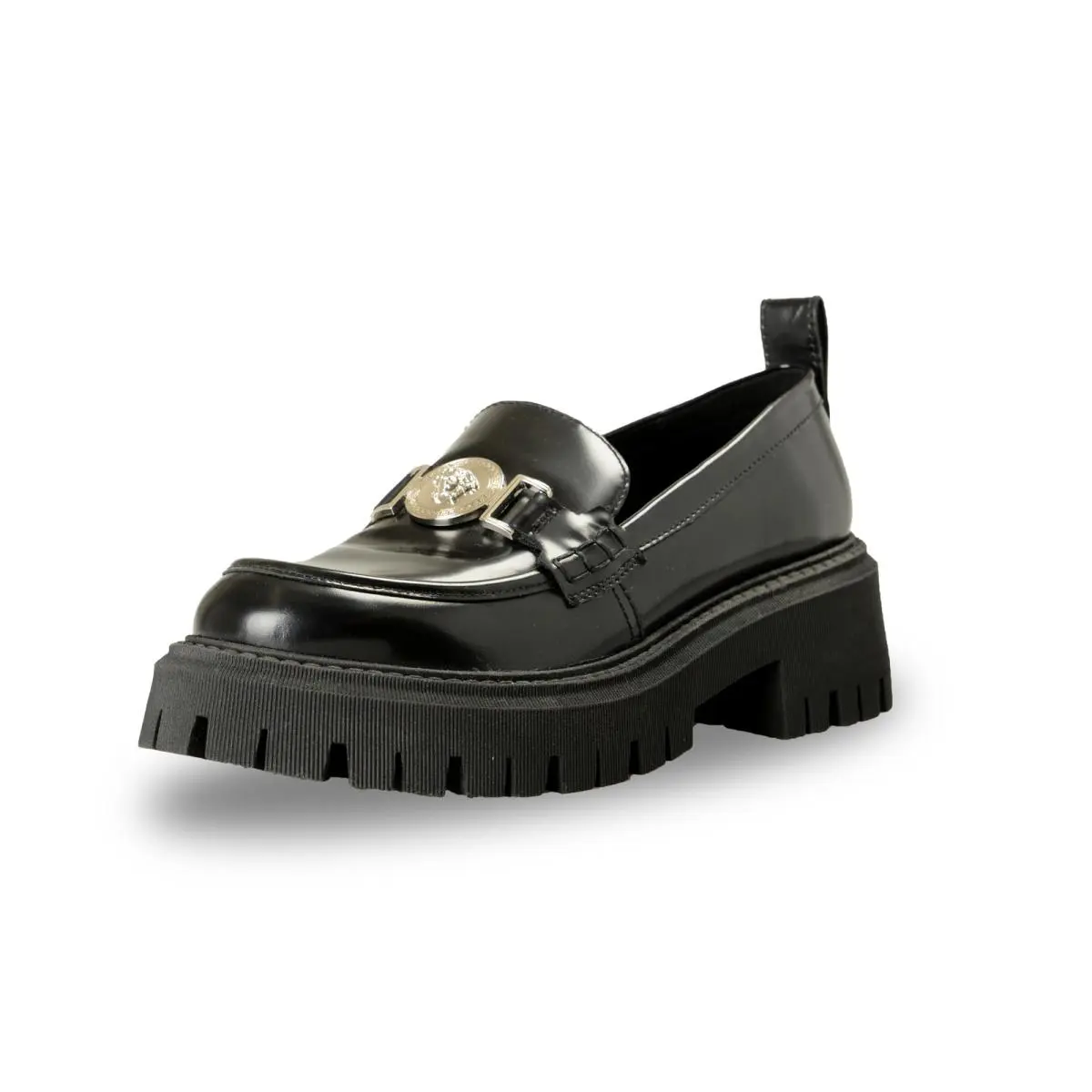 Versace Women`s Black Leather Silver Medusa Head Loafers Shoes US 5 IT 35