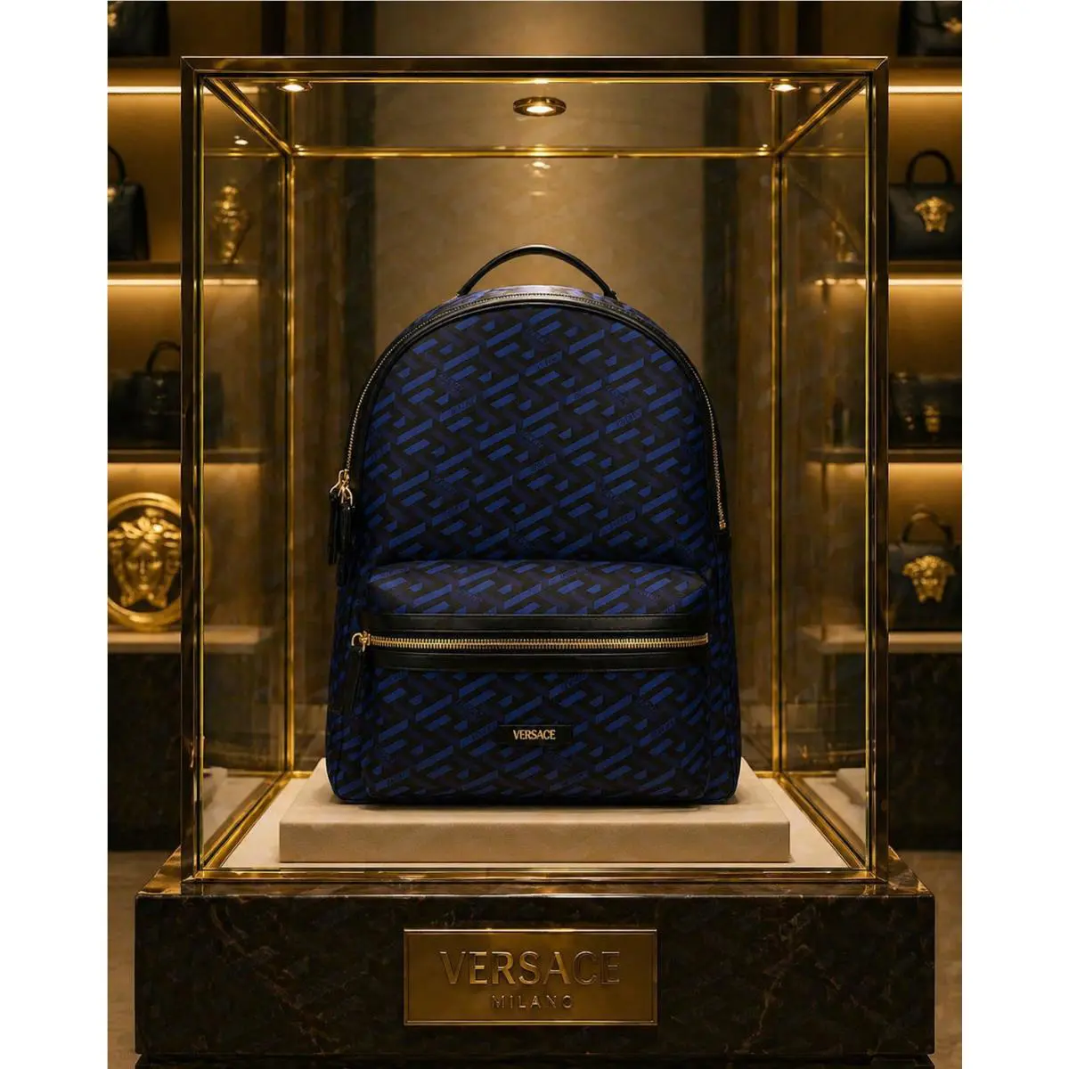 Versace Men’s Greca Goddess Blue Leather Briefcase Backpack
