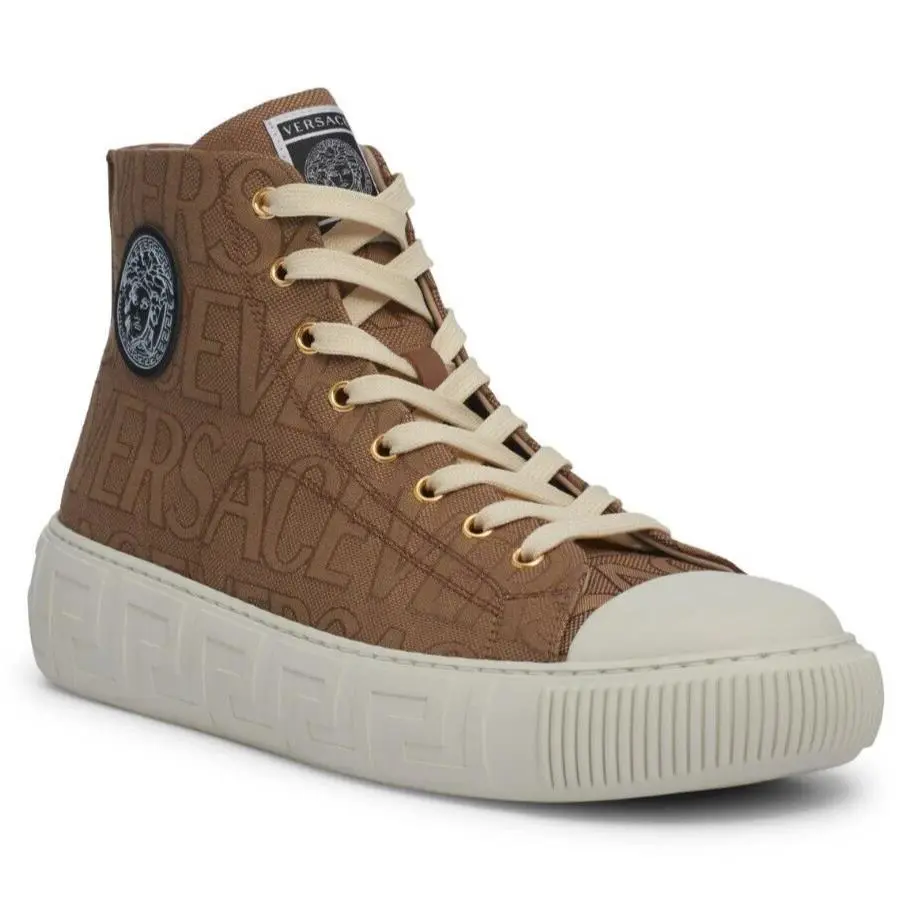 Versace Men`s Greca Logo Jacquard High Top Sneaker Shoes Beige Size 47 / US 14 - Multicolor