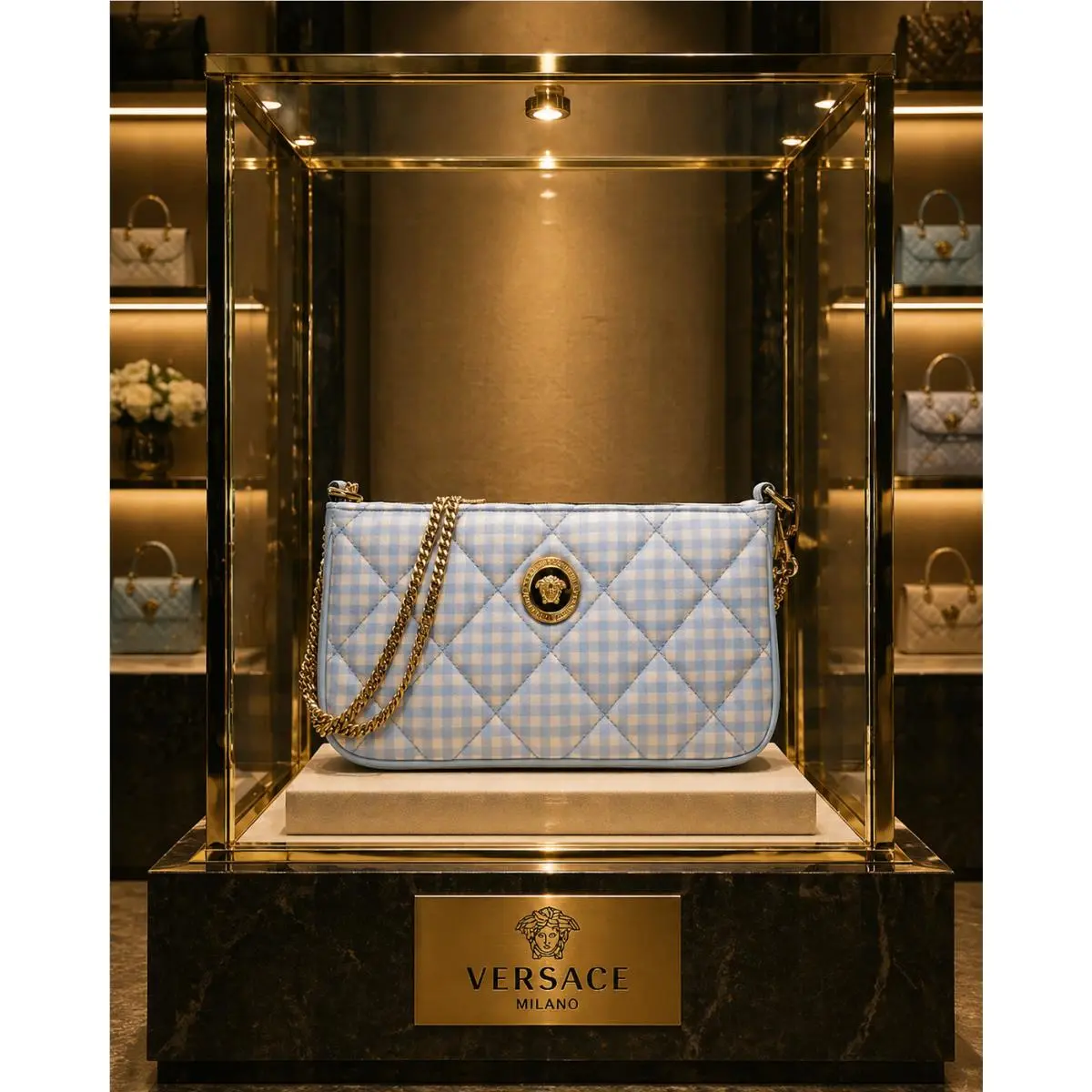 Versace Medusa Women`s Blue Quilted Fabric Shoulder Bag