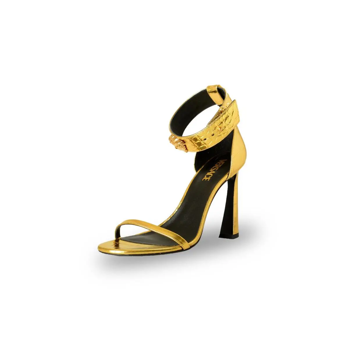 Versace Women`s Gold Leather Croc Print Sandals Shoes US 10 IT 40
