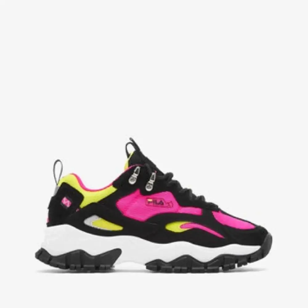 Fila Women`s Ray Tracer Trail 2 Black White Pink Yellow Shoes Sz 8