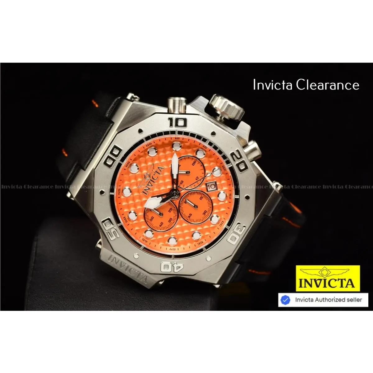 Invicta Men`s Akula 58mm Chrono Quartz Orange Dial Black Leather 300m Watch