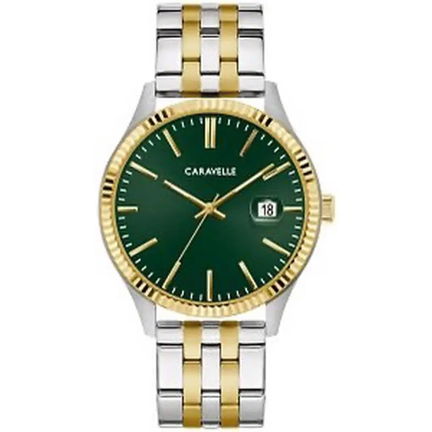 Caravelle by Bulova Dress Two Tone Green Dial Mens Watch 45B162 - Dial: Green, Band: Gold, Silver, Bezel: Gold