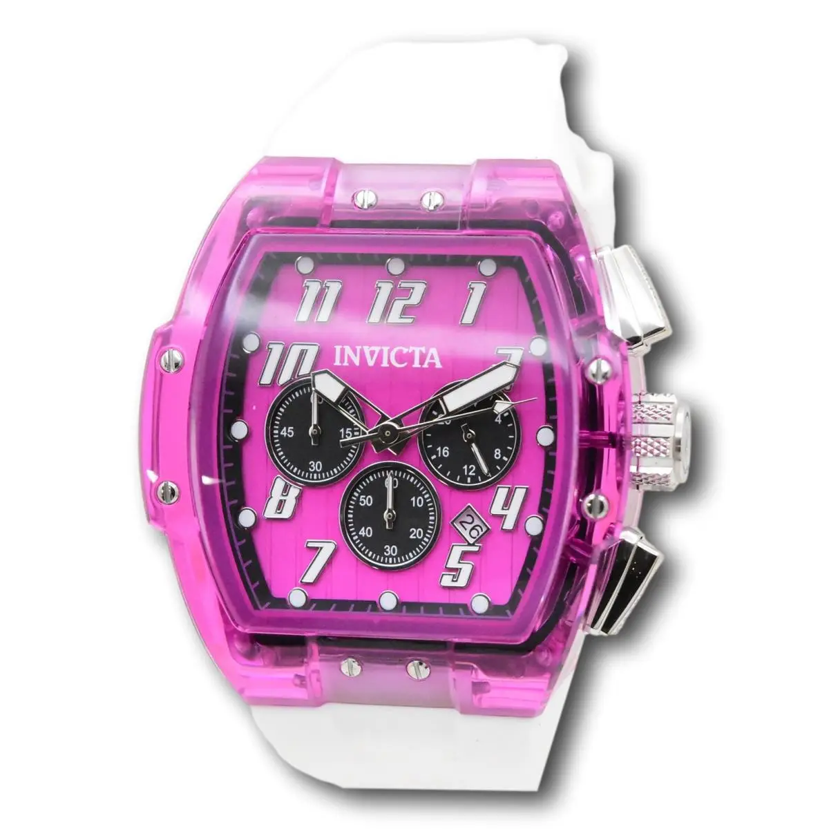 Invicta S1 Rally Kinesia Men`s 47mm Dark Pink Chronograph Watch 50079 - Dial: Black Pink White, Band: White, Bezel: Clear Pink