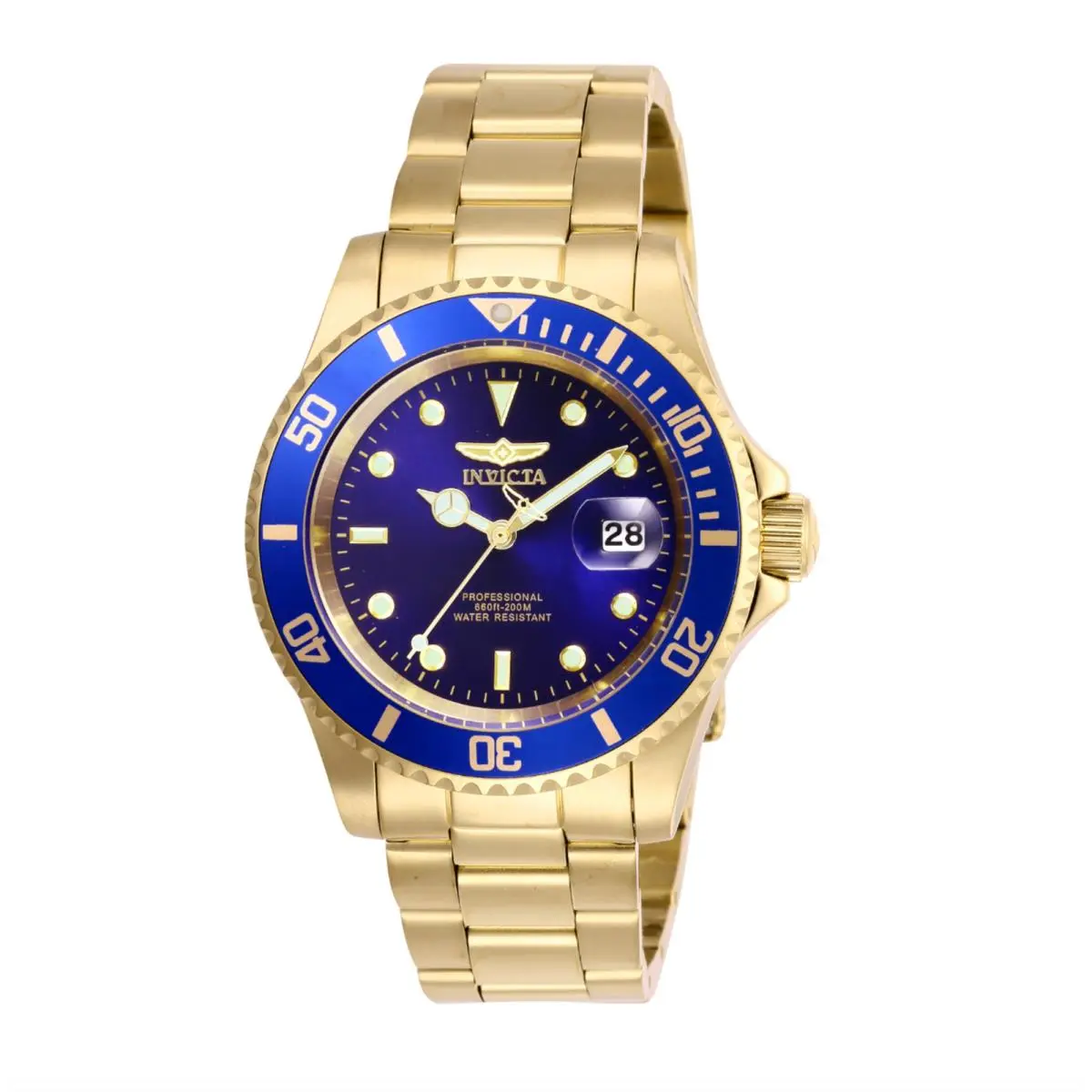 Invicta Men`s Watch Pro Diver Quartz Blue Dial Yellow Gold Steel Bracelet 26974