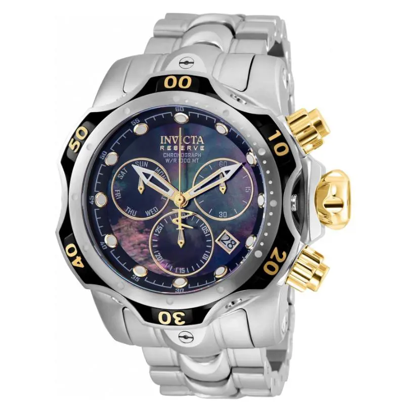 Invicta Reserve Venom Men`s 52mm Mother of Pearl Swiss Chronograph Watch 25977 - Dial: Black, Gold, Multicolor, White, Band: Silver, Bezel: Black, Gold, Silver