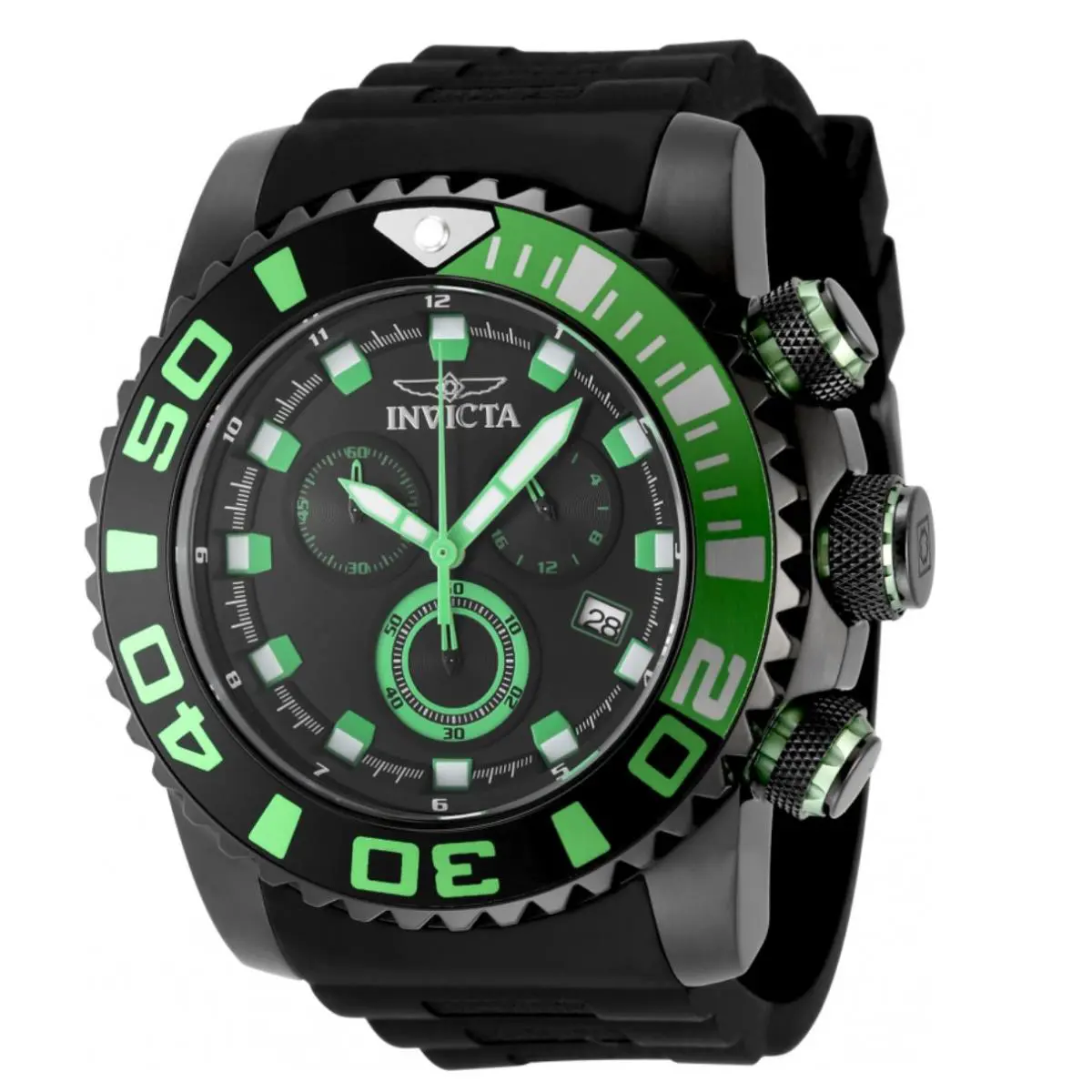Invicta Sea Hunter Blackwater Men`s 52mm Black Green Chrono Watch 48985 - Dial: Black, Green, Multicolor, White, Band: Black, Bezel: Black, Green, Silver