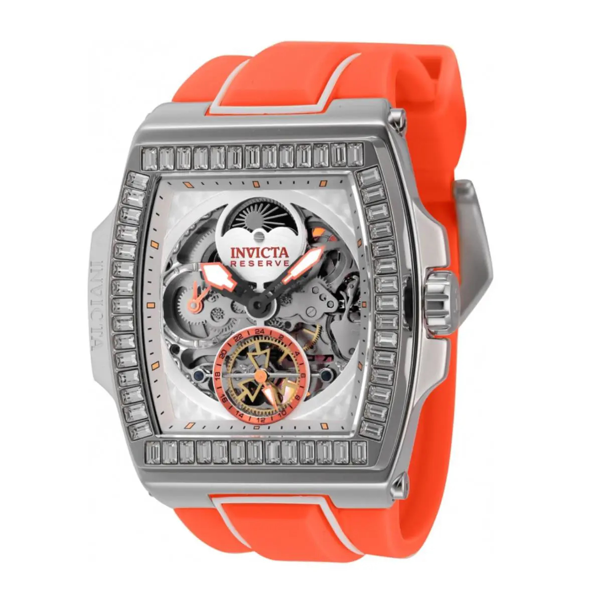 Invicta Reserve S1 Rally Diablo Men 51mm Dual Time Automatic Crystal Watch 43422 - Dial: Clear, Orange, Silver, White, Band: Orange, Bezel: Silver, White