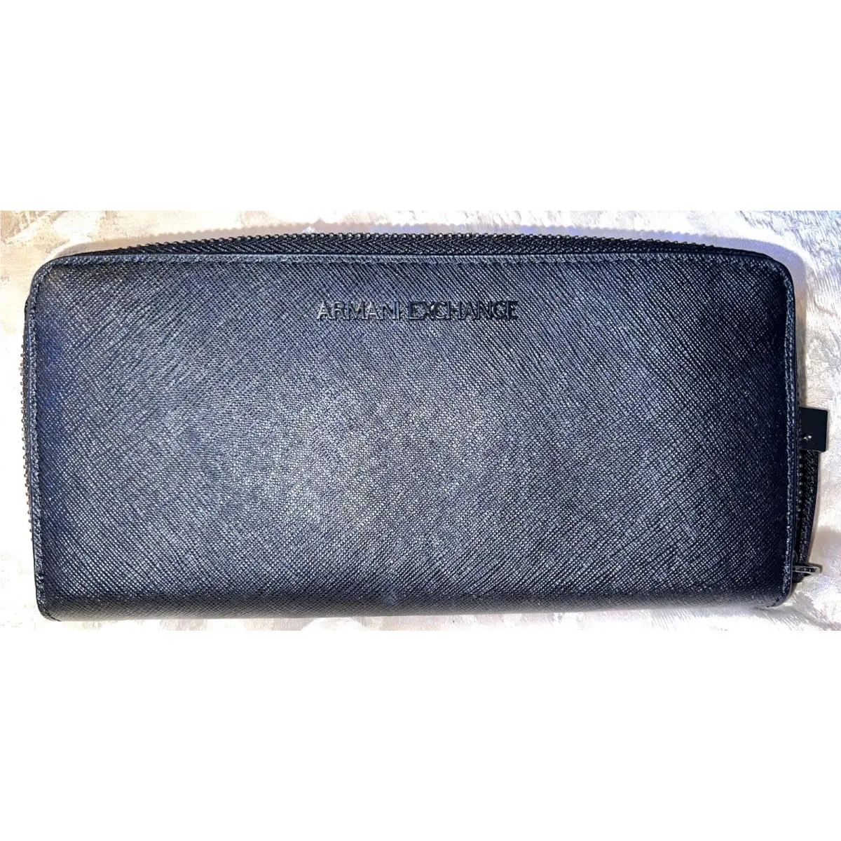 Armani Exchange Black Leather Credit Card Money Organizer Zip Around Wallet