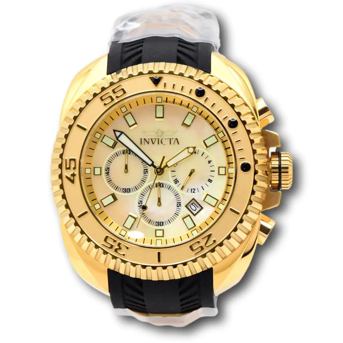 Invicta Coalition Forces Voyager Men`s 50mm Mother Pearl Dial Chrono Watch 49791 - Dial: Black, Gold, Multicolor, White, Yellow, Band: Black, Gold, Bezel: Black, Gold, Yellow