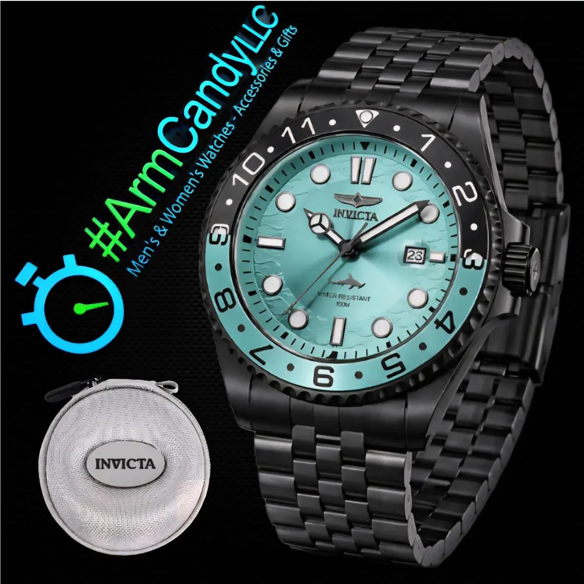 40mm Invicta Pro Diver Novalix 50555 Black Case Teal Dial Grey Travel Case