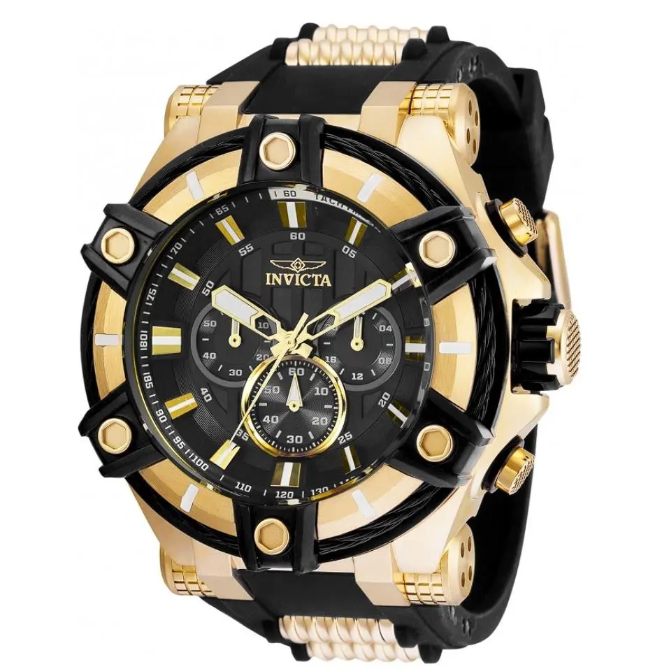 Invicta Bolt Cable Surge Men`s 52mm Black and Gold Chronograph Watch 35548 - Dial: Black, Gold, Yellow, Band: Black, Gold, Bezel: Black, Gold, White, Yellow
