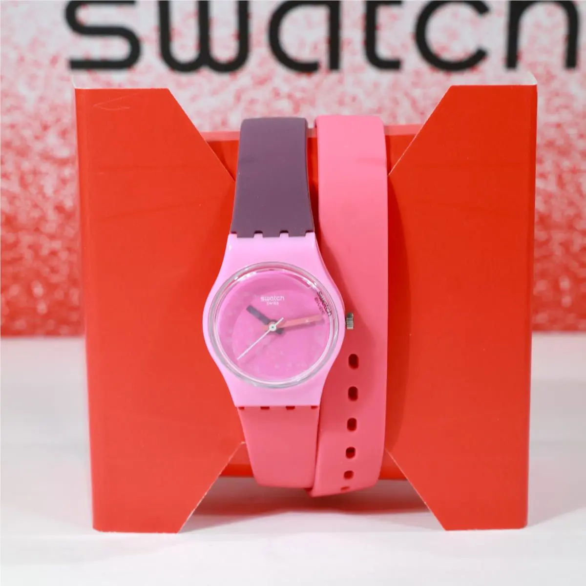 Swatch Swiss LP137 Fun in Pink Coral Wrap Around 25MM Purple Coral Hands
