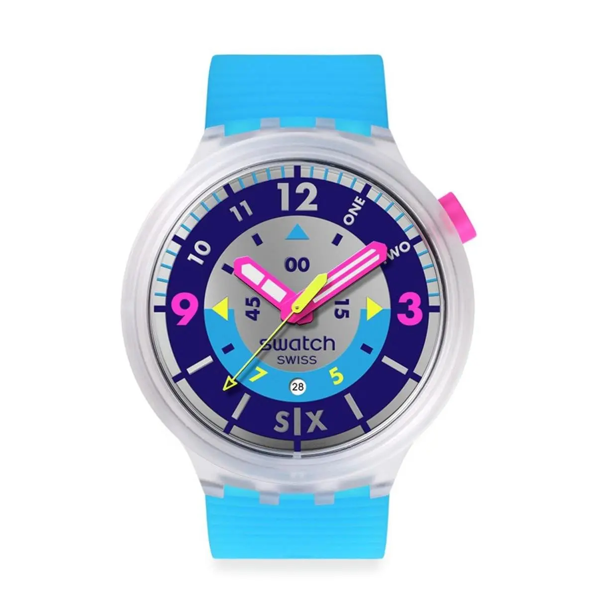 Big Bold Unisex Casual Watch Polymer Transparent Quartz Neon Hielo by Swatch