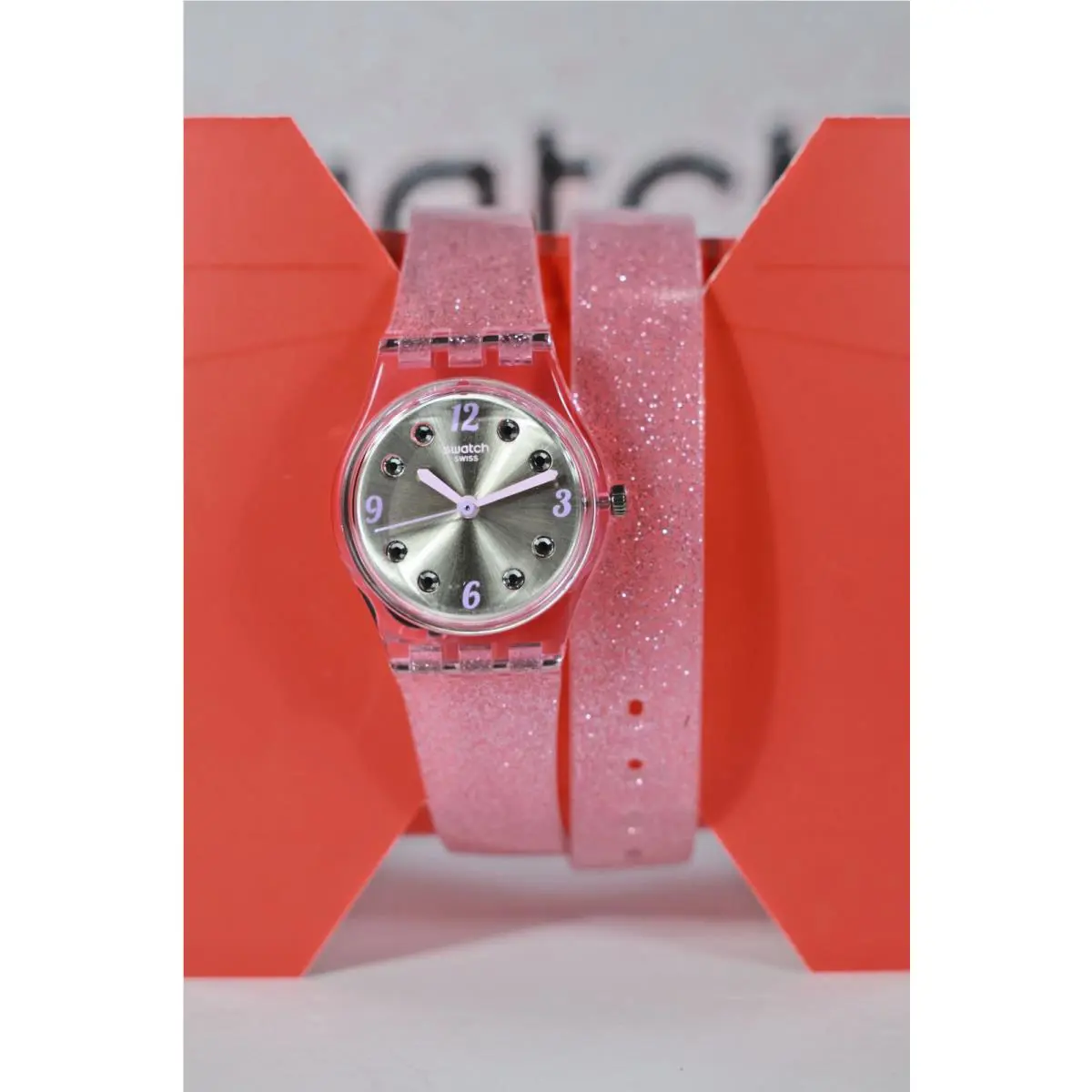 Swiss Swatch Brillante Grey Dial Pink Glitter Silicone Watch LP132 25MM Wrap