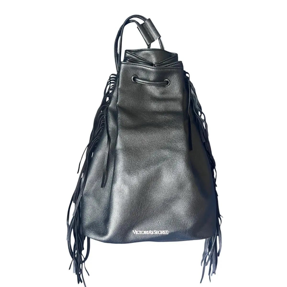 Victoria`s Secret Black Leather Fringe Drawstring Bucket Backpack