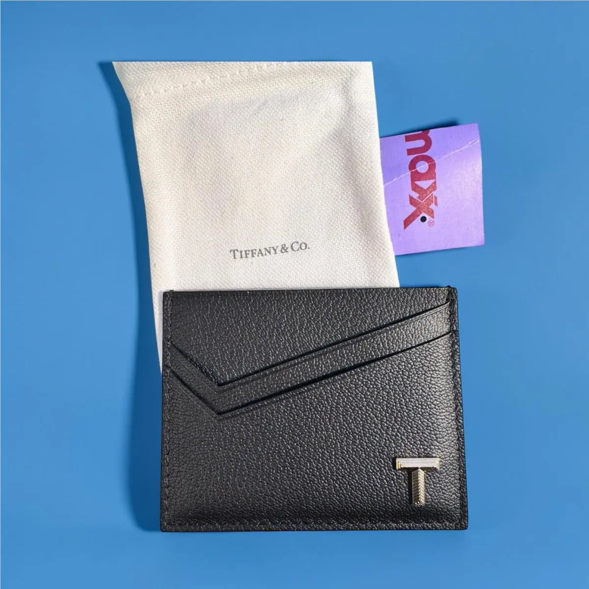 Tiffany Co Black Leather Card Case T Logo w/ Dust Bag