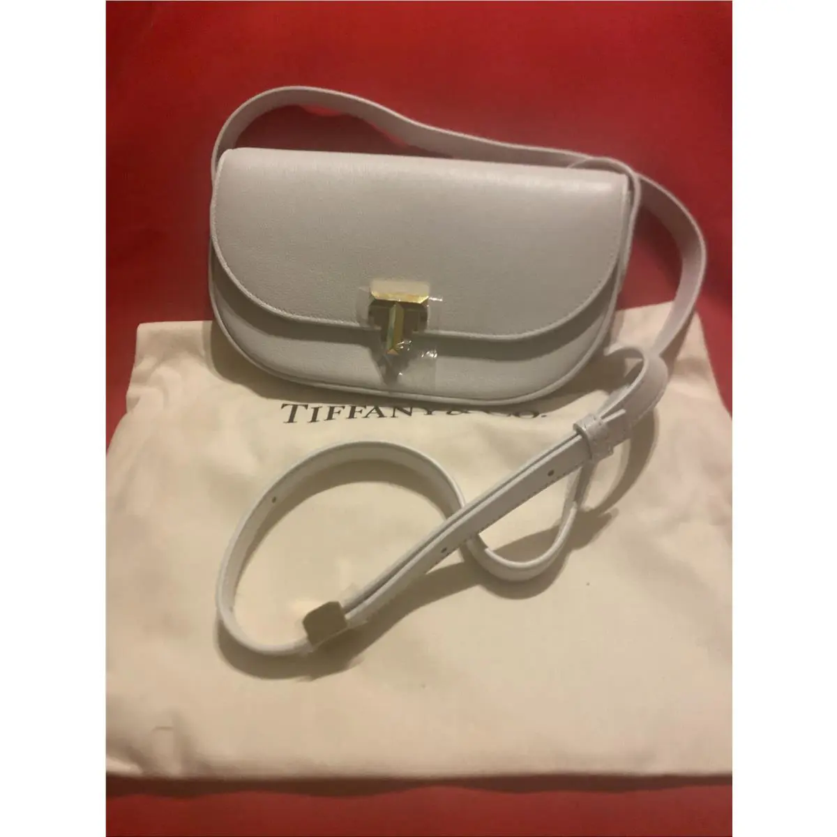 Tiffany Co. White Leather Crossbody Shoulder Bag Gold T-deco Dustbag