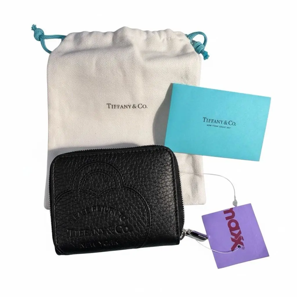 Return to Tiffany Co. Black Leather Zipper Credit Card Wallet