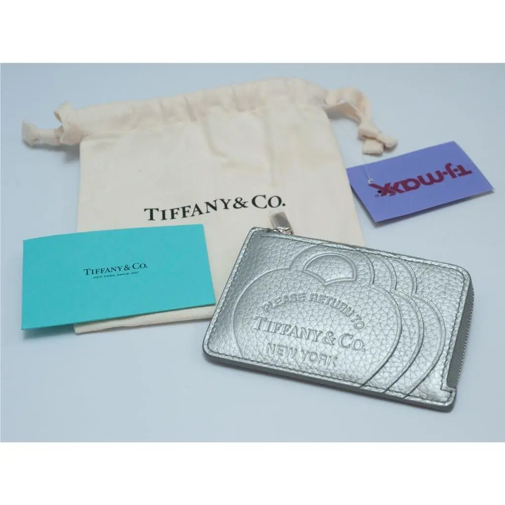 Tiffany Co. Please Return Small Silver Pebbled Leather Zip Wallet Coin Purse