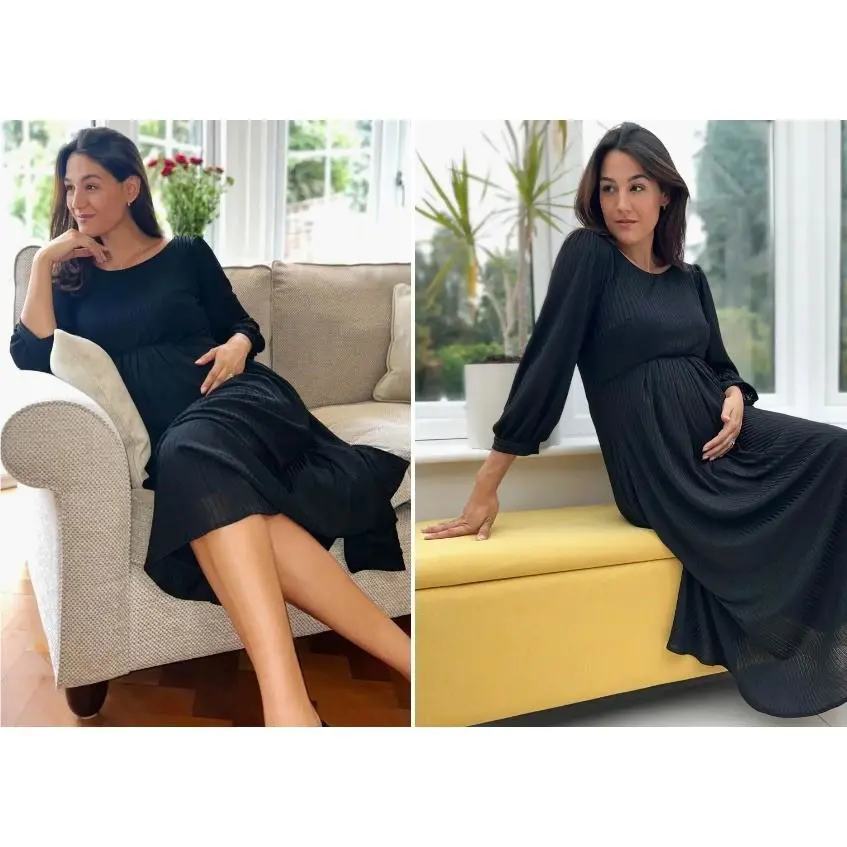 Tiffany Rose Maternity Dress 5 Black Isla Ribbed Jersey Midi Long Sleeve