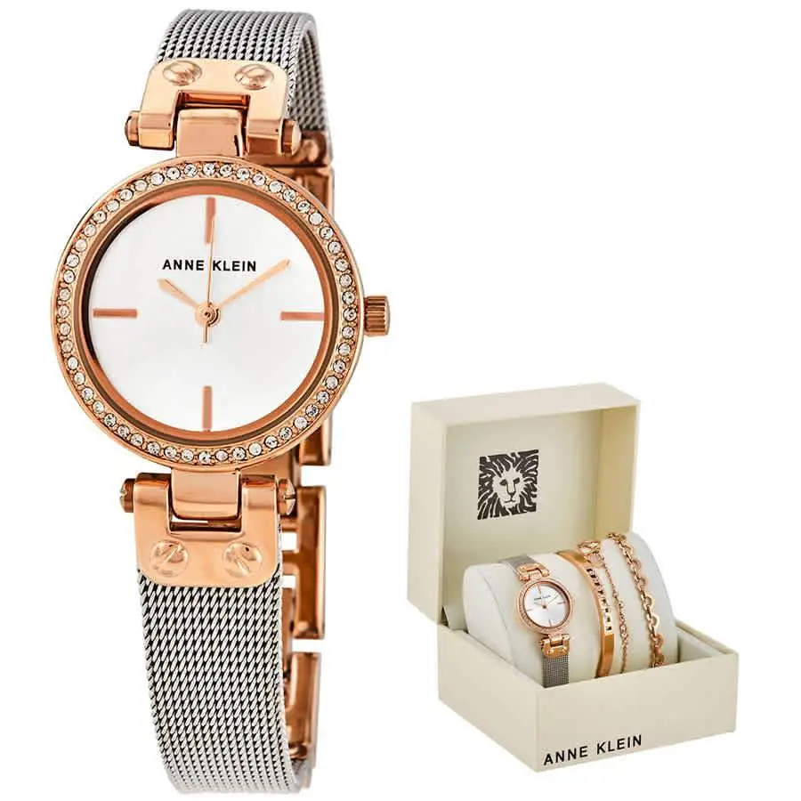 Anne Klein Silver Dial Two-tone Ladies Watch and Jewelry Set AK/3425RTST - Dial: Silver, Band: Two-tone (Silver-tone and Rose Gold-tone), Bezel: Rose Gold-tone