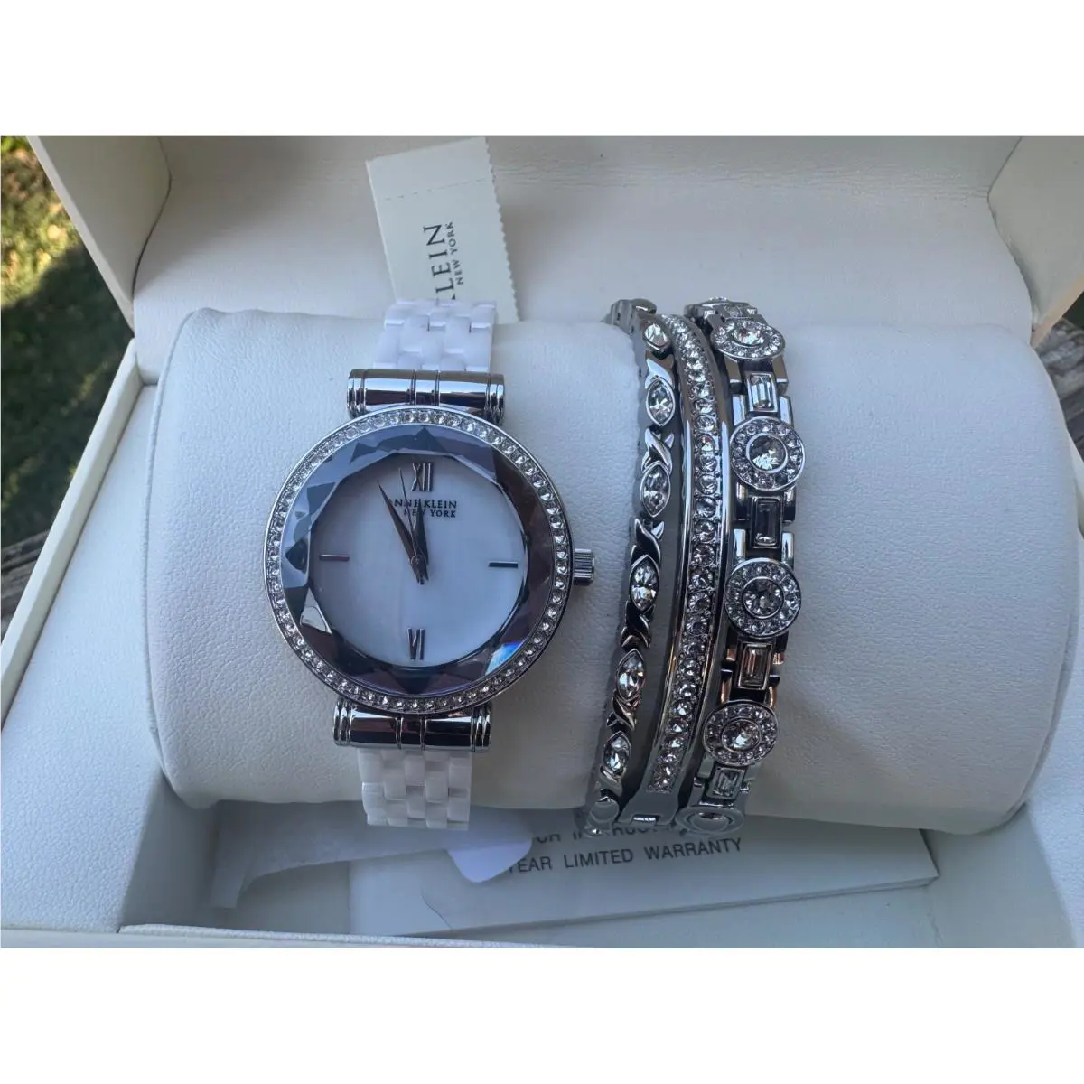 Anne Klein Swarowski Crystal Ceramic Band Women`s Watch Set