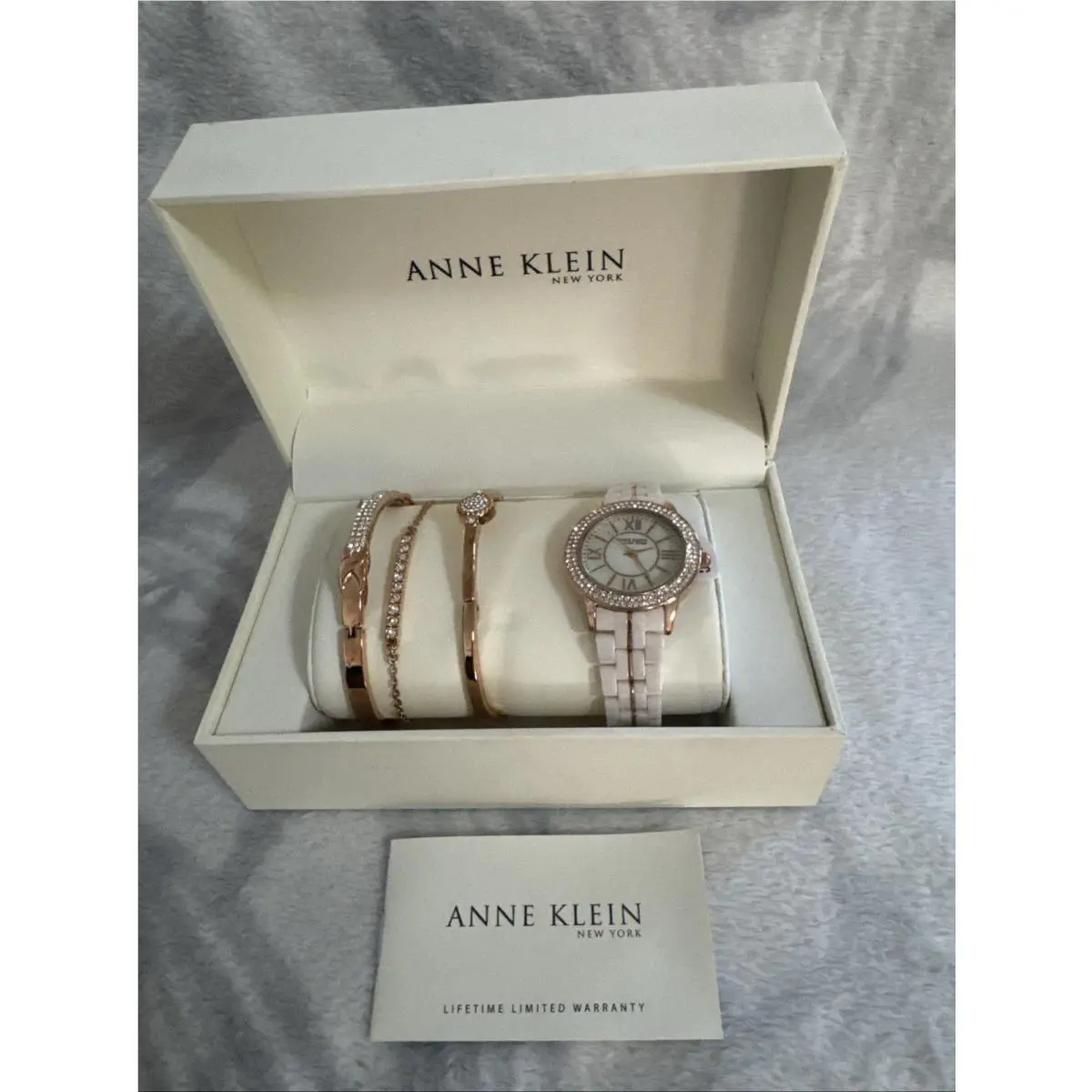 Anne Klein 12/2298RGST Light Pink Ceramic Watch Band Rose Gold Bangle Set