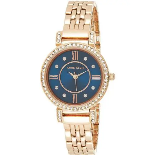 Anne Klein AK/2928G Women Rose Gold Tone Blue Dial Crystals Roman Numeral Watch