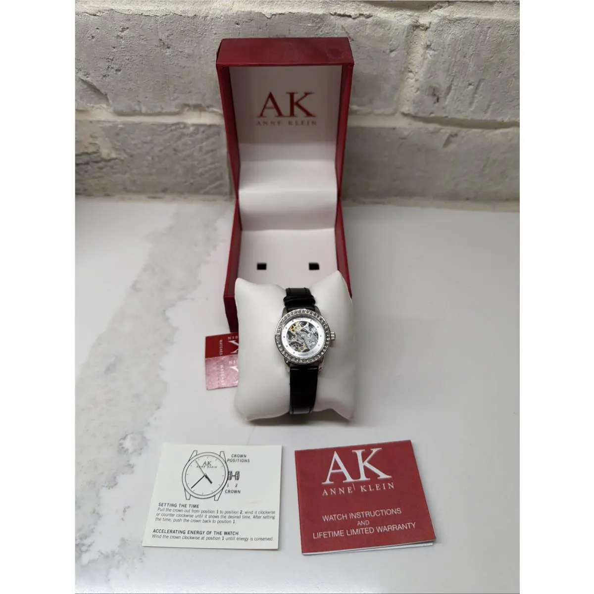 Anne Klein Automatic Skeleton Black Leather Strap Watch 10/9127