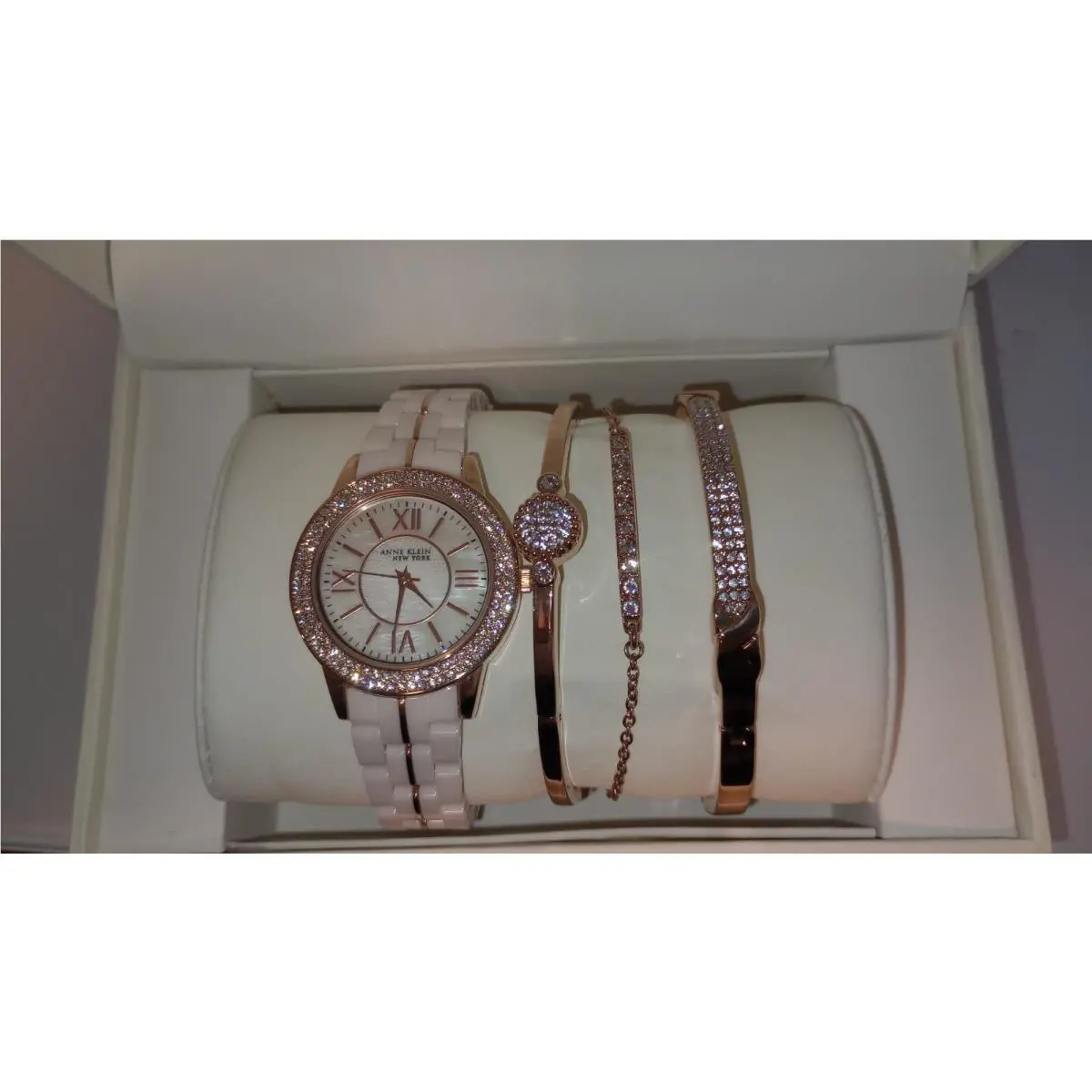 Women`s Anne Klein York Rose Gold Tone Ceramic Watch Bangle Set